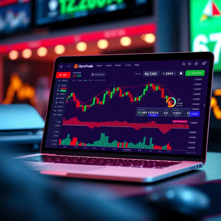 Illustration of a laptop screen displaying Olymp Trade platform interface with financial charts and trading options