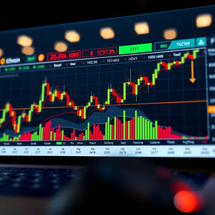 Graph showing Ethereum price trend against Tether with candlestick patterns and volume indicators