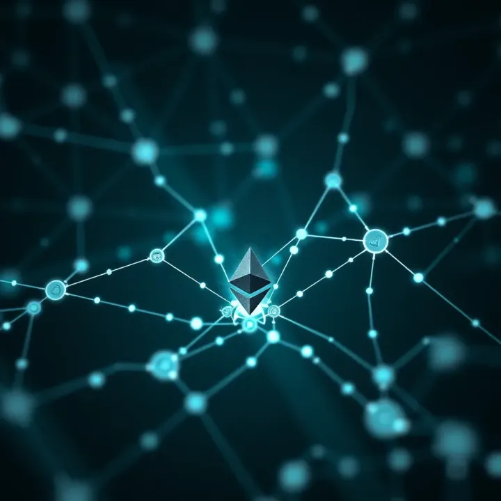 Ethereum symbol surrounded by digital network connections illustrating blockchain technology