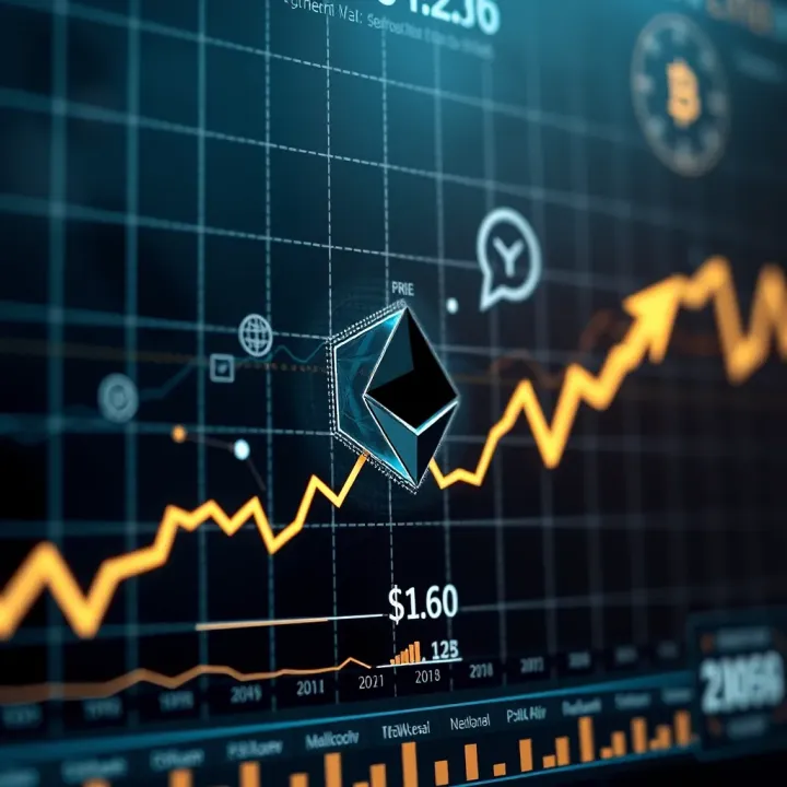 Visualizing Ethereum Price Movements and Technological Impact Graph showing Ethereum price fluctuations with technological icons and upward trend arrows