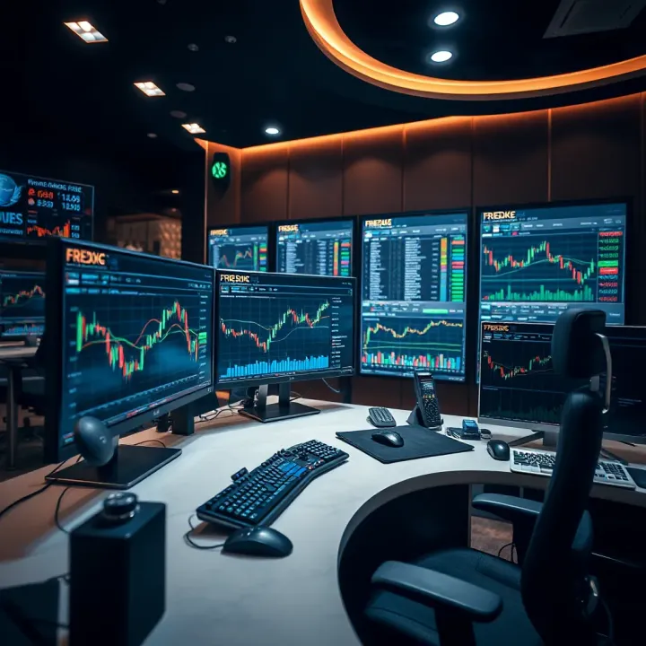 Luxury trading desk with multiple monitors displaying forex charts and global currency data