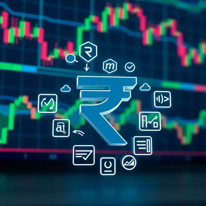 Forex Market Indicators and Risk Management for Indian Traders Illustration of Indian rupee symbol with forex market indicators and risk management icons