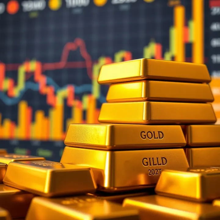 Golden bars stacked with financial charts and graphs in the background representing market analysis of precious metals