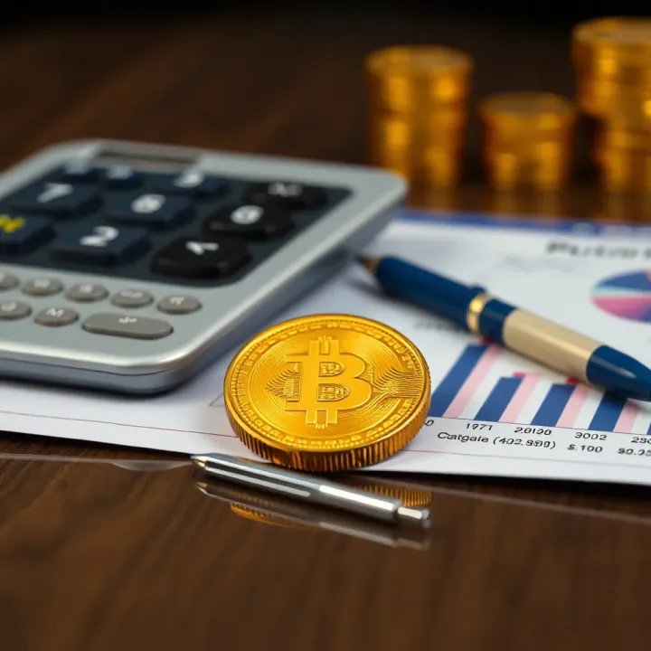 Close-up of a gold coin on a reflective surface beside a calculator and investment documents illustrating financial planning for gold investments