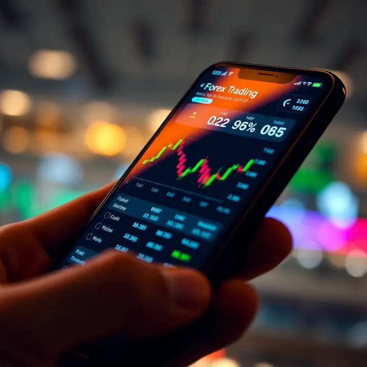 Mobile phone displaying a forex trading app interface with currency charts and exchange rates