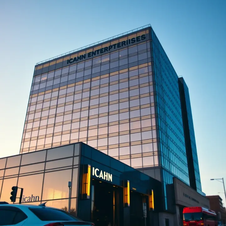 Modern corporate building representing Icahn Enterprises with a clear sky background