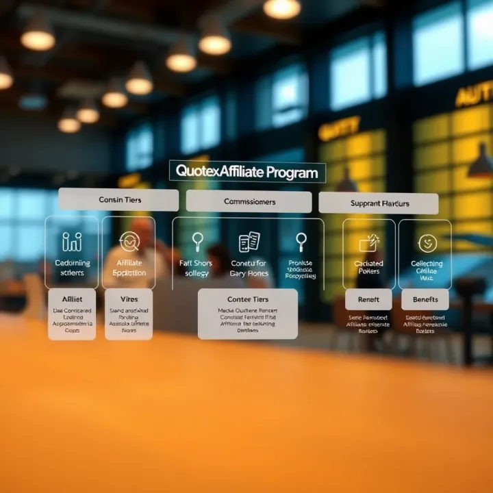 Diagram illustrating the structure of the Quotex affiliate program with commission tiers and benefits