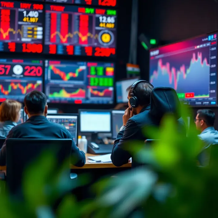 Traders engaging in a dynamic stock trading competition with charts and graphs on digital screens