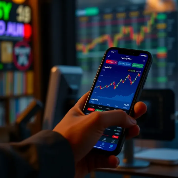 Mobile phone displaying a trading app interface with stock charts and investment options