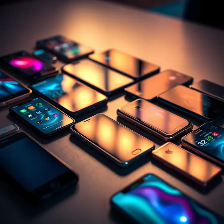 Variety of Mobile Phones Suitable for Trading in India Selection of various smartphones arranged on a flat surface showcasing different styles suitable for trading purposes