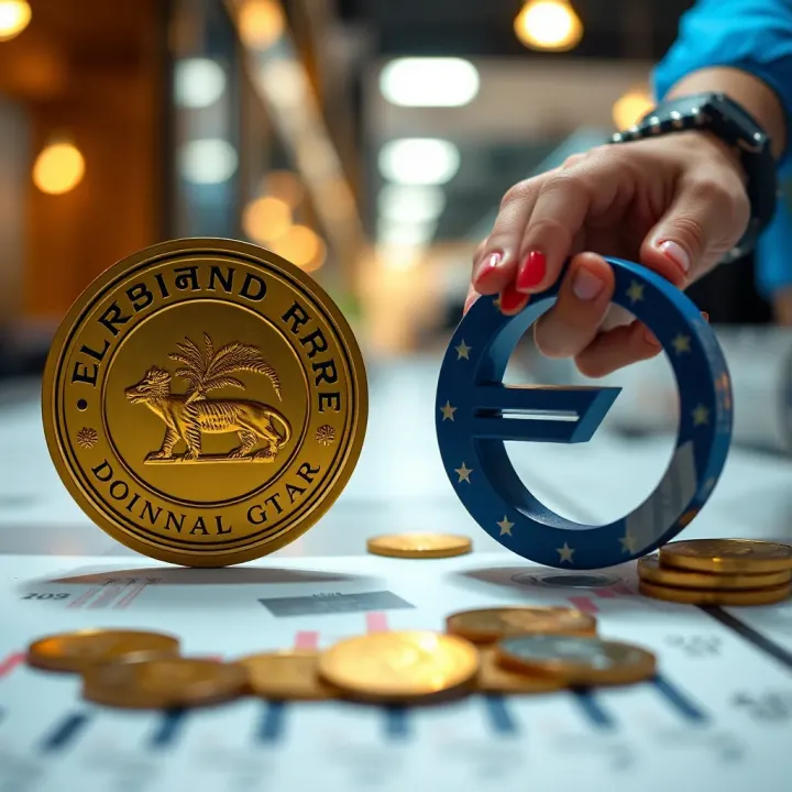 Illustration of monetary policy impact on currency fluctuations with RBI and Eurozone symbols