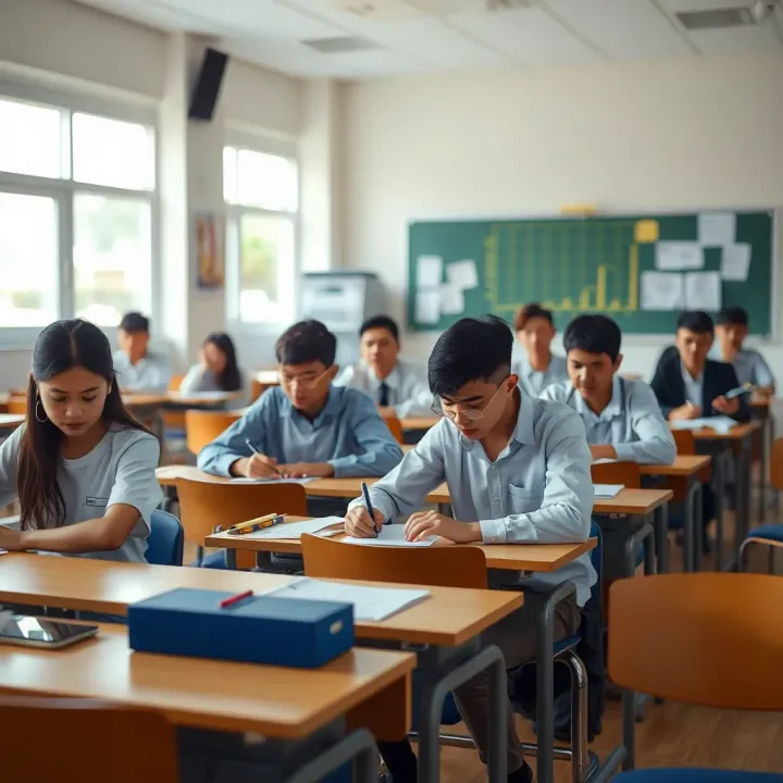 Organized classroom setup with students engaging in academic competition activities