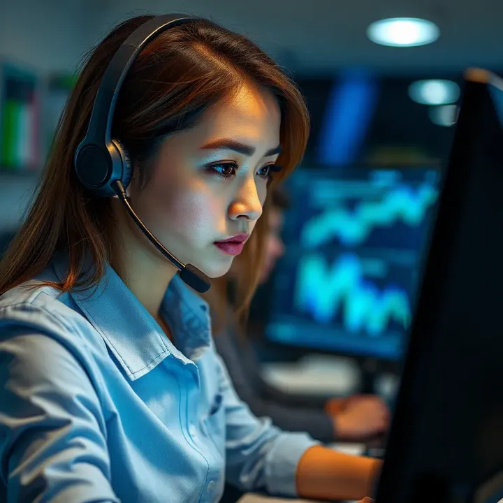 Customer service representative providing online support via headset