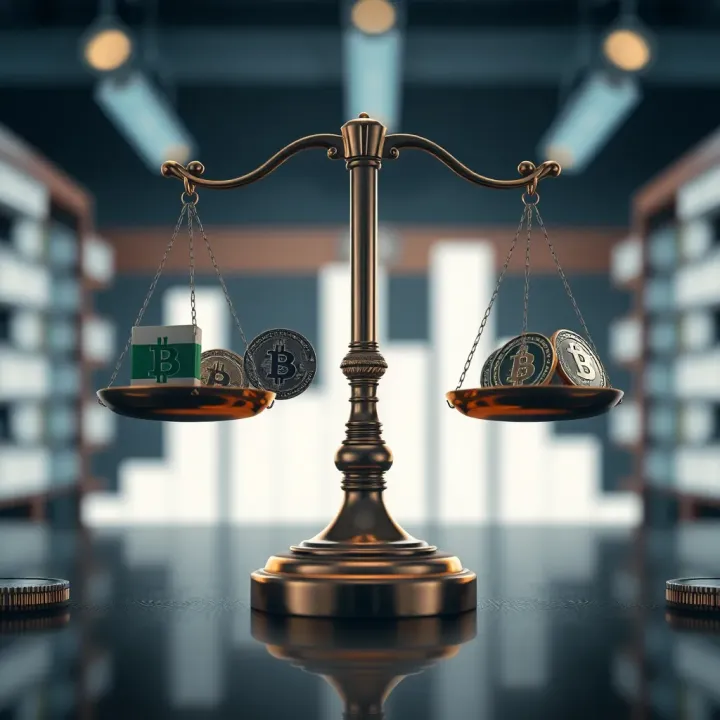 Conceptual graphic showing legal scales balanced with digital currency icons and the Indian flag
