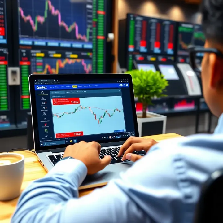 Using Troubleshooting Resources on Quotex Platform Trader using a laptop displaying Quotex platform with troubleshooting guidance on screen