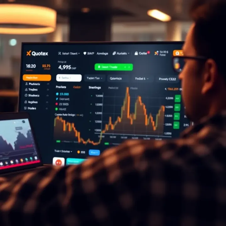 Dashboard view of Quotex platform showing trading options and user navigation menu