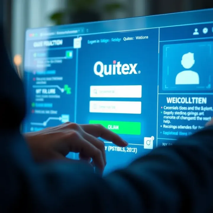 User entering credentials on the Quotex web login page with digital interface elements visible