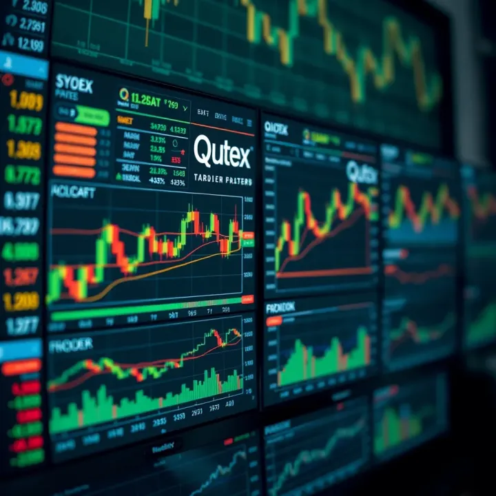 Interface displaying Qutex Broker's trading platforms with charts and data analytics