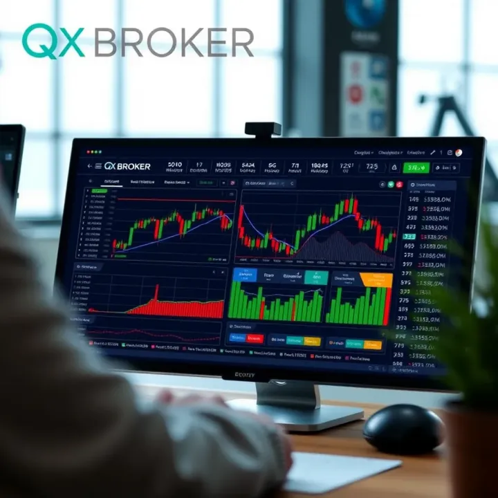 Dashboard interface showcasing QX Broker's trading platform with various financial charts and asset options