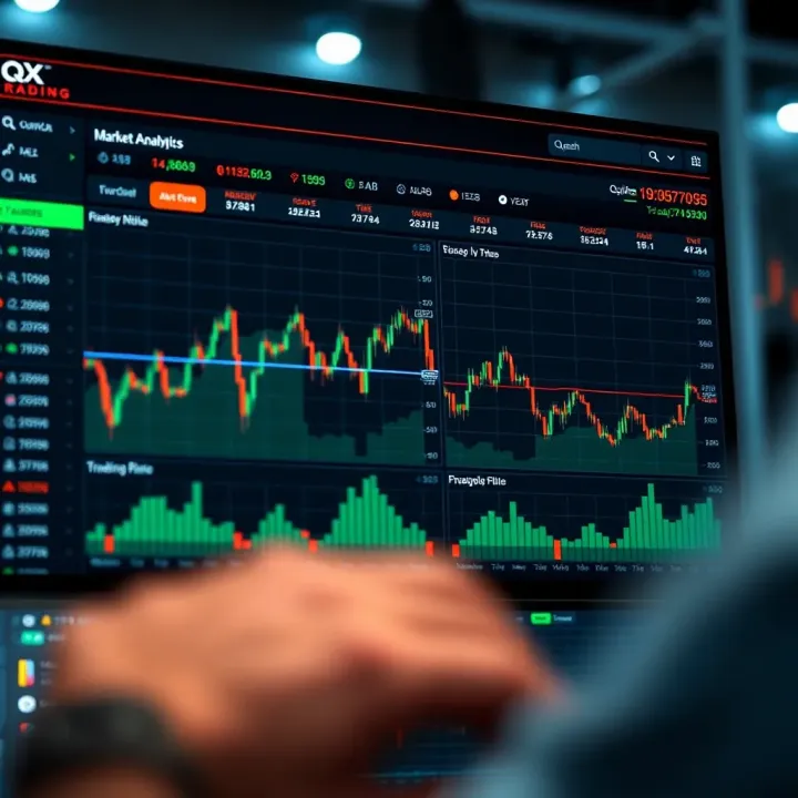 Dashboard of a QX Trading platform showing charts and market data