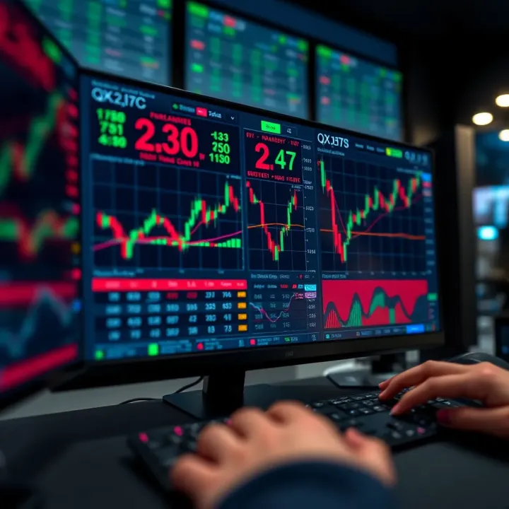 User interface of QXBroker.com showing various trading instruments and market charts