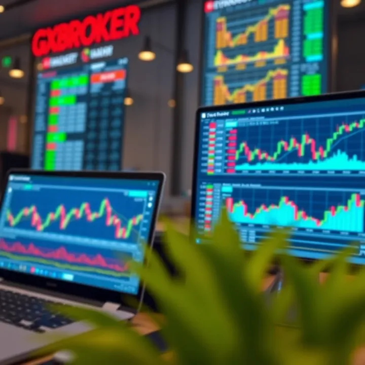 Graphical interface showcasing QXBroker trading platforms with charts and market data