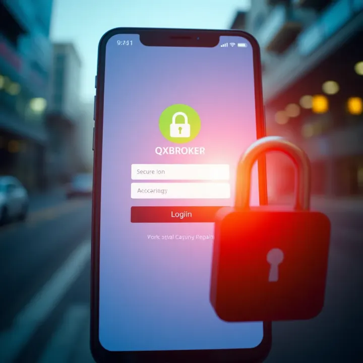 Secure login screen of QXBroker app emphasizing protection and privacy features