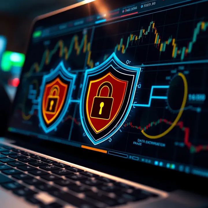 Illustration of secure online trading with shields representing data protection and encryption