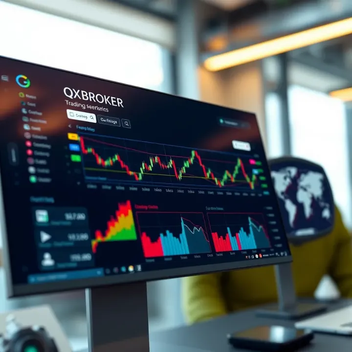 User interface of QXBroker app showing trading dashboard with graphs and market data
