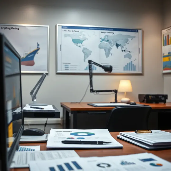 Strategic Planning in the Shipping Industry Office workspace with maritime charts and business documents illustrating strategic planning