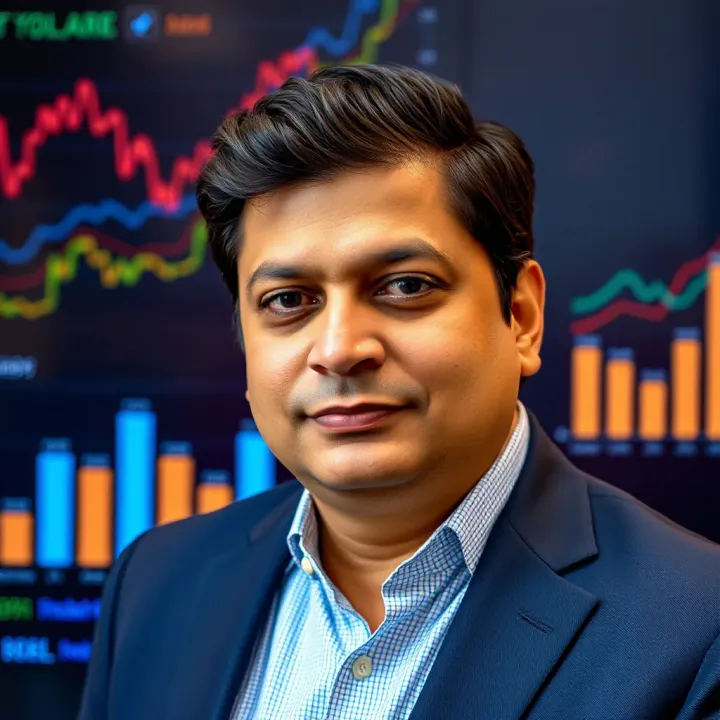 Portrait of Rakesh Bansal with a background of business achievements and charts