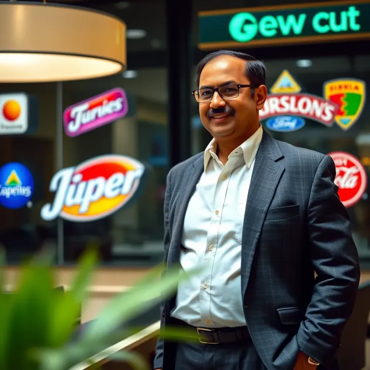 Ravi Jaipuria standing in a corporate office with beverage company logos in the background