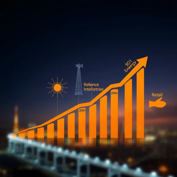 Illustration showing various business sectors of Reliance Industries such as energy, telecom, and retail with growth arrows