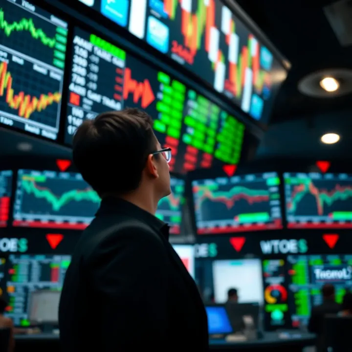 A modern stock market trading floor with digital screens displaying financial data and charts