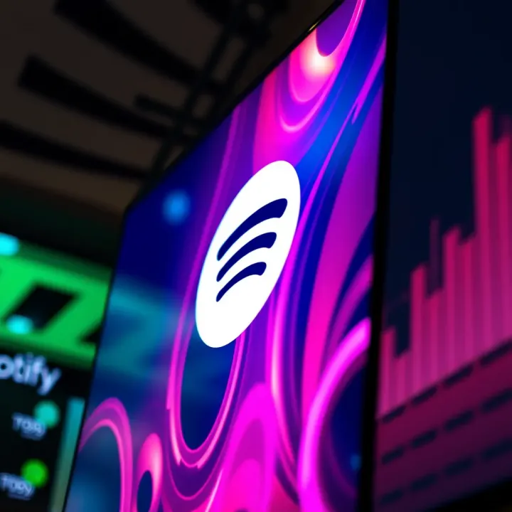 Spotify logo displayed on a vibrant digital screen representing music streaming evolution