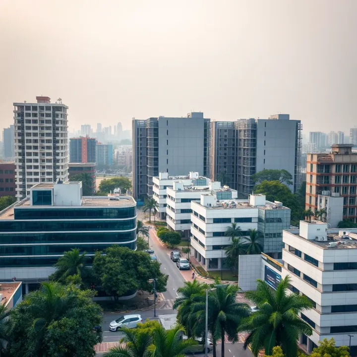 Information Technology Hub Fueling India's Economic Expansion A bustling technology park with office buildings representing India's thriving IT and innovation landscape