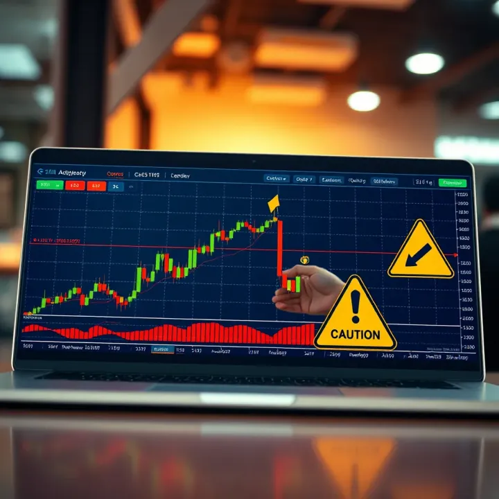 Illustration of transition from virtual trading to live market with rising graph and caution signs