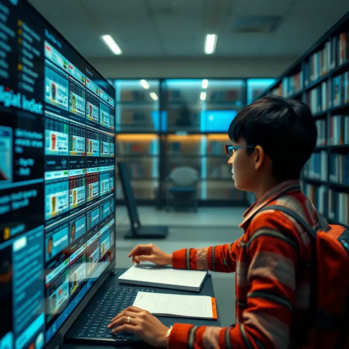 Illustration of a user navigating a digital library with filters for free educational resources in India