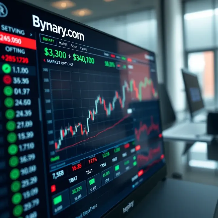 Dashboard showing various binary trading options and real-time market data on an online platform