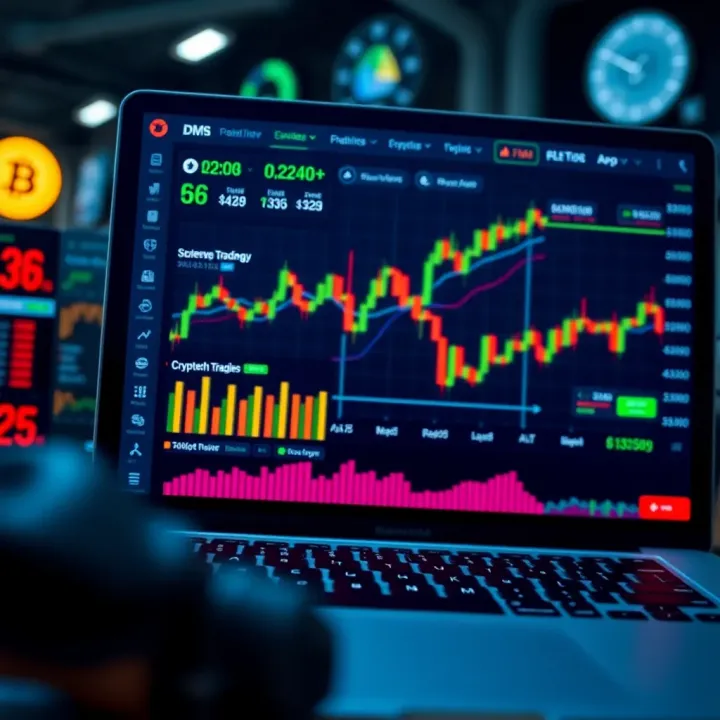 Digital Platform for Testing Cryptocurrency Trading Strategies Illustration of a digital interface showing various crypto trading features and analytics for strategy testing