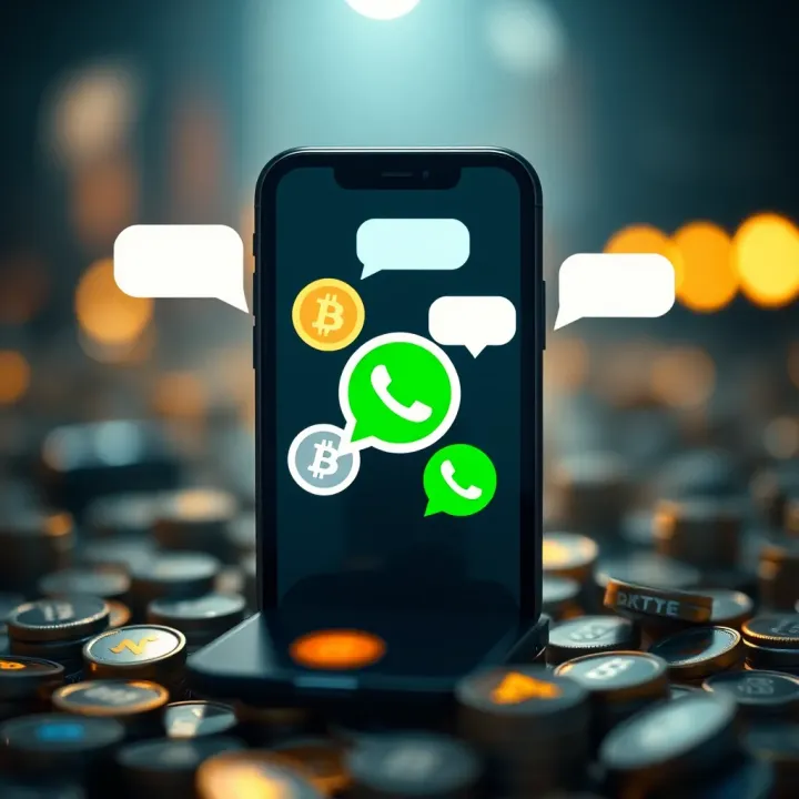 Digital illustration showing a smartphone screen with cryptocurrency icons and chat bubbles symbolizing a WhatsApp group discussing crypto trading