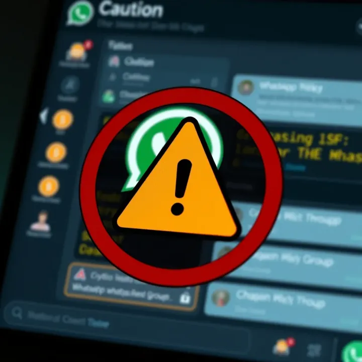 Risks and Best Safety Practices in Crypto WhatsApp Groups Graphic depicting a caution sign over a WhatsApp chat interface highlighting risks and security measures in cryptocurrency discussion groups
