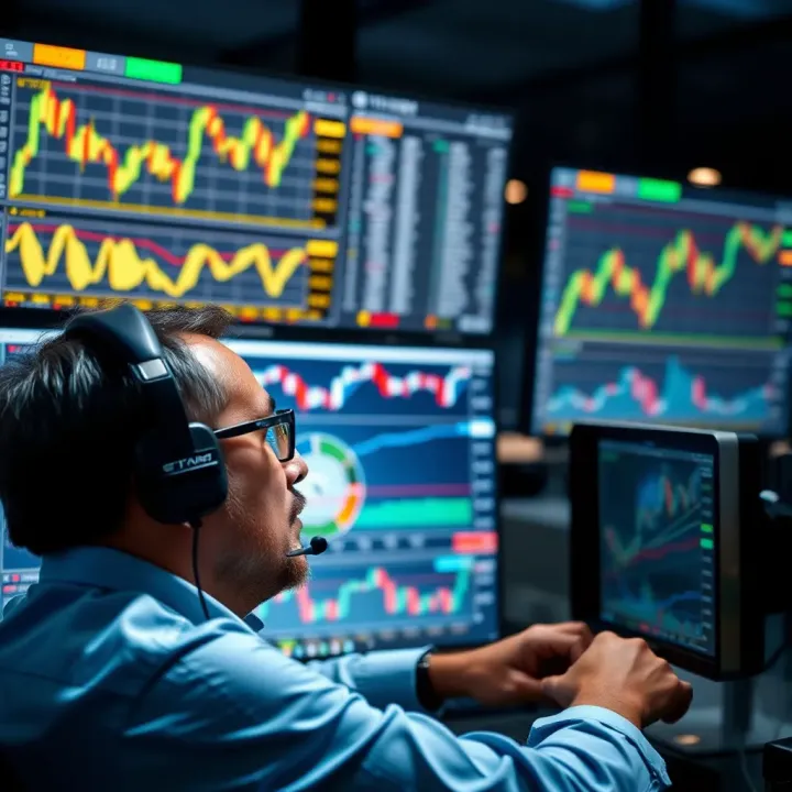 Trader analyzing financial charts on multiple screens during a demo trading session