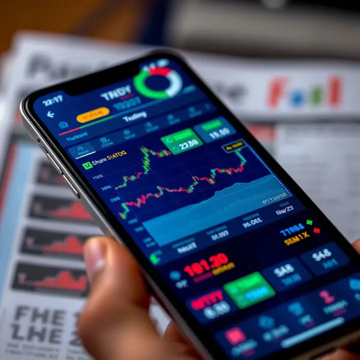 Smartphone screen displaying a simulated Indian stock market trading app interface with charts and stock prices