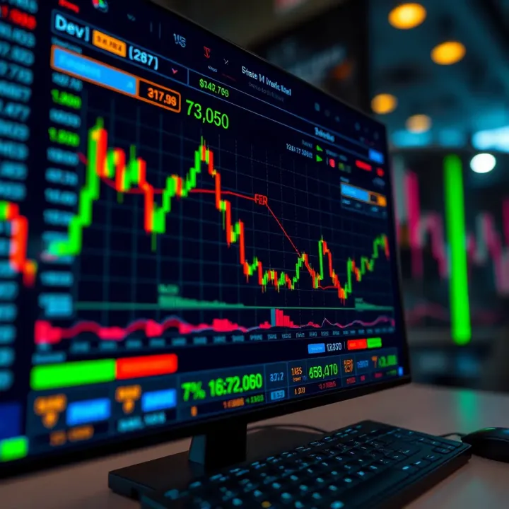 Illustration of a digital trading platform interface displaying charts and market data