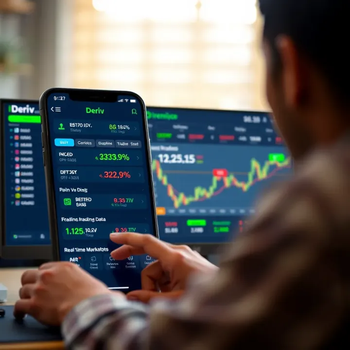 User interface of Deriv trading app showcasing various trading options and real-time market data