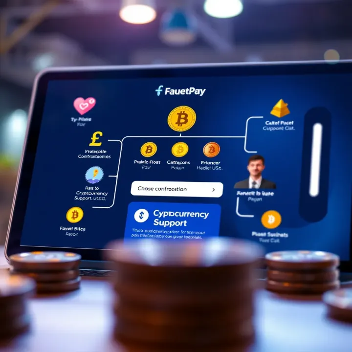 FaucetPay Wallet Interface Highlighting Key Features and Cryptocurrency Support Illustration showing digital wallet interface with various cryptocurrency icons and transaction confirmation