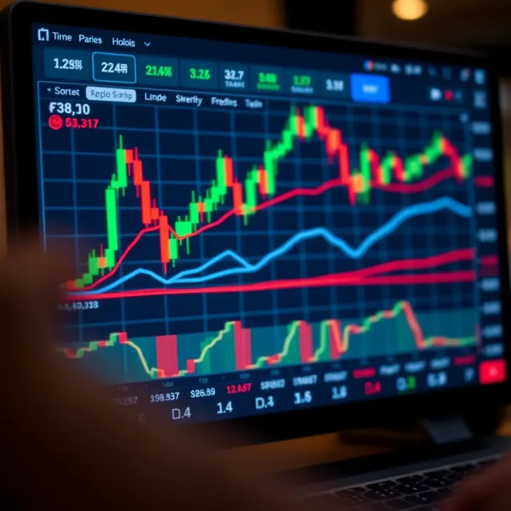 Graph showing forex currency pairs with trading indicators on a digital platform