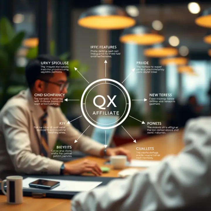 Diagram illustrating the key features and benefits of QX Affiliate platform for marketers