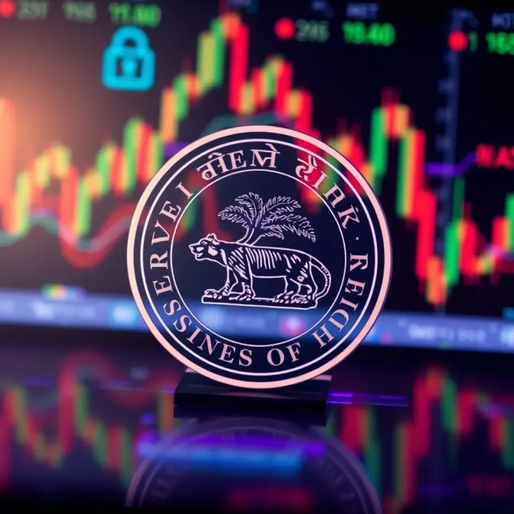 Illustration showing a secure digital forex trading platform with the Reserve Bank of India emblem